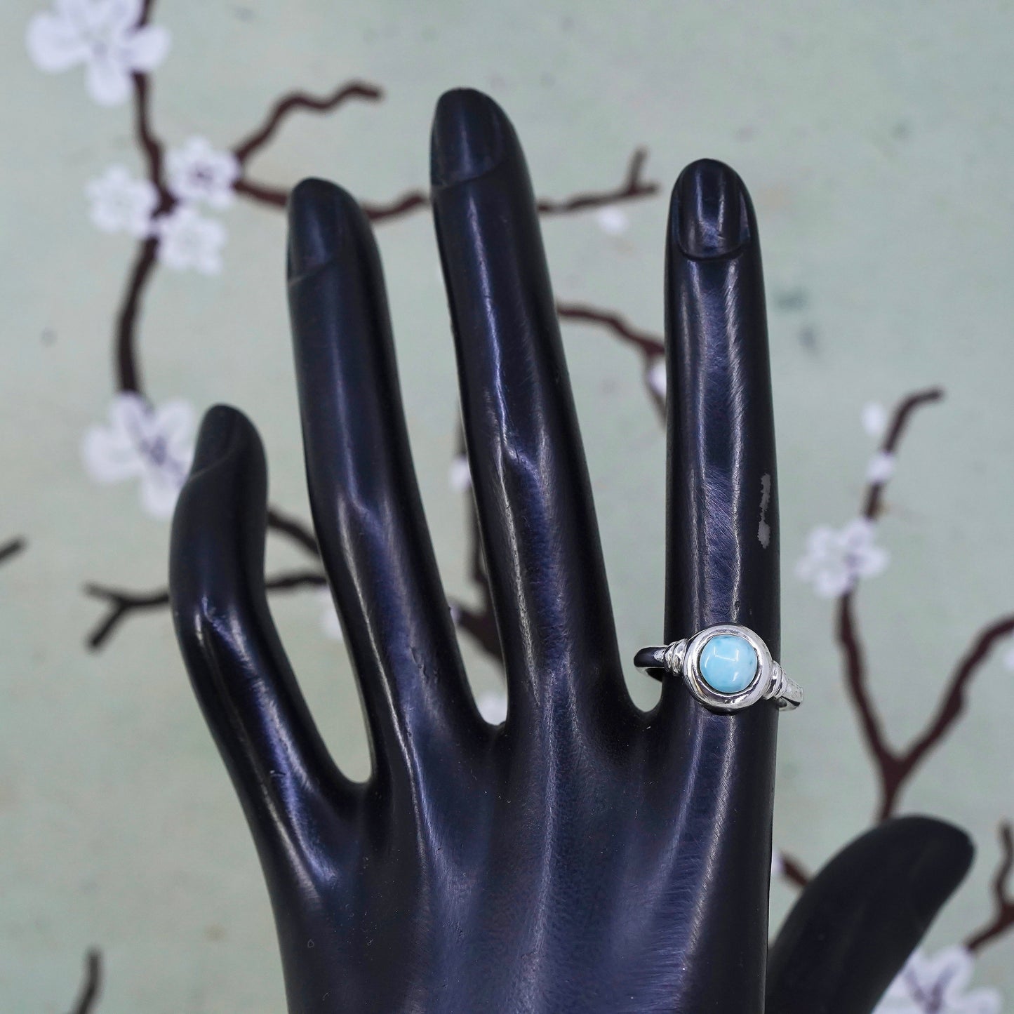 Size 7.25, Vintage Sterling silver handmade ring, 925 band with Larimar
