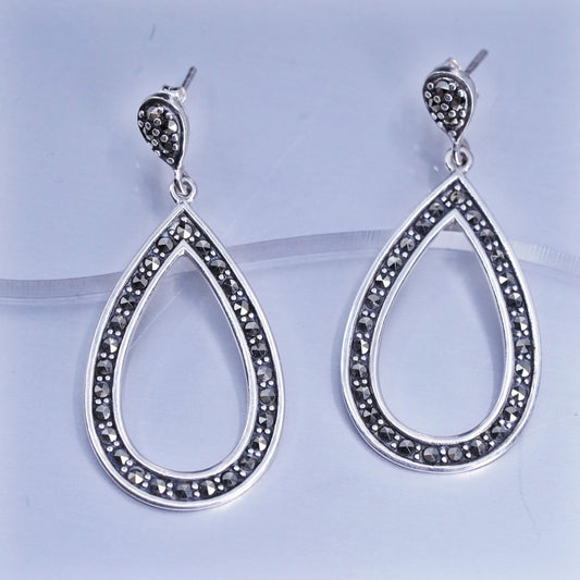 Vintage Sterling 925 silver handmade teardrop earrings with Marcasite