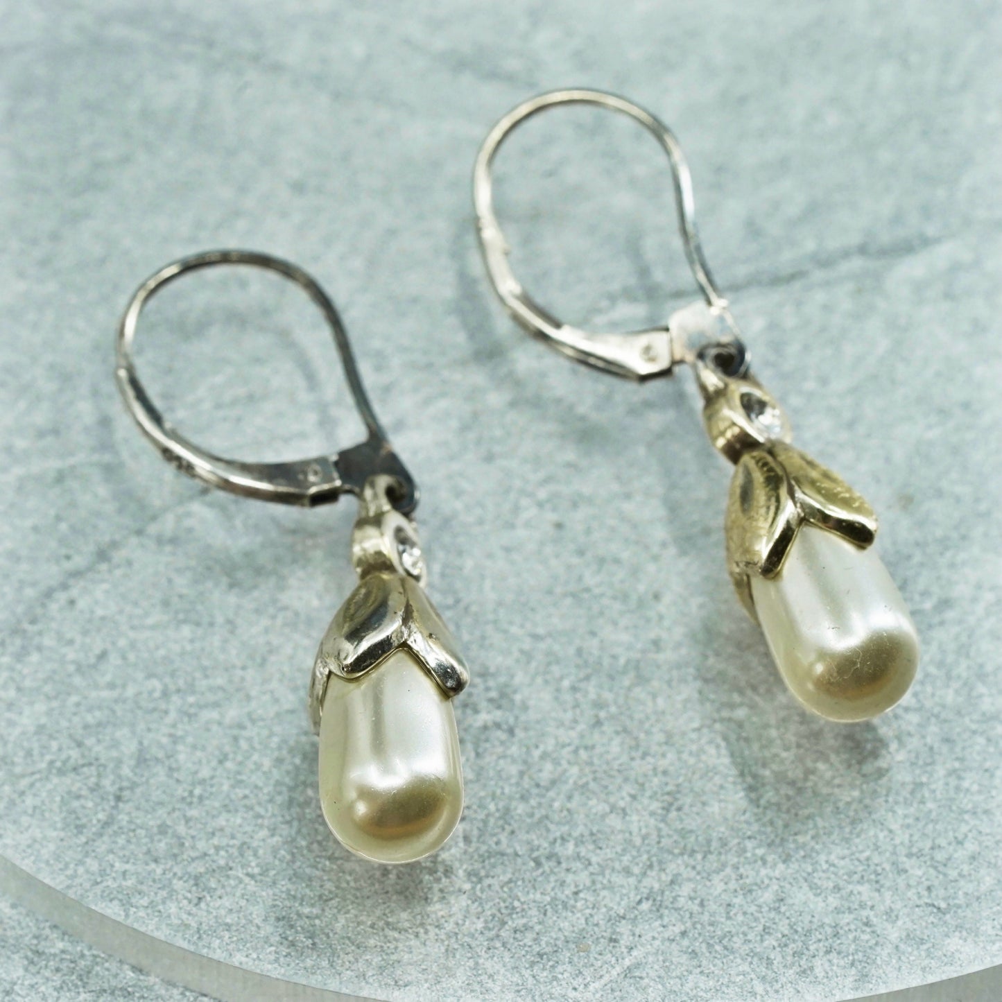 Vintage Sterling 925 silver handmade earrings with teardrop pearl and Cz