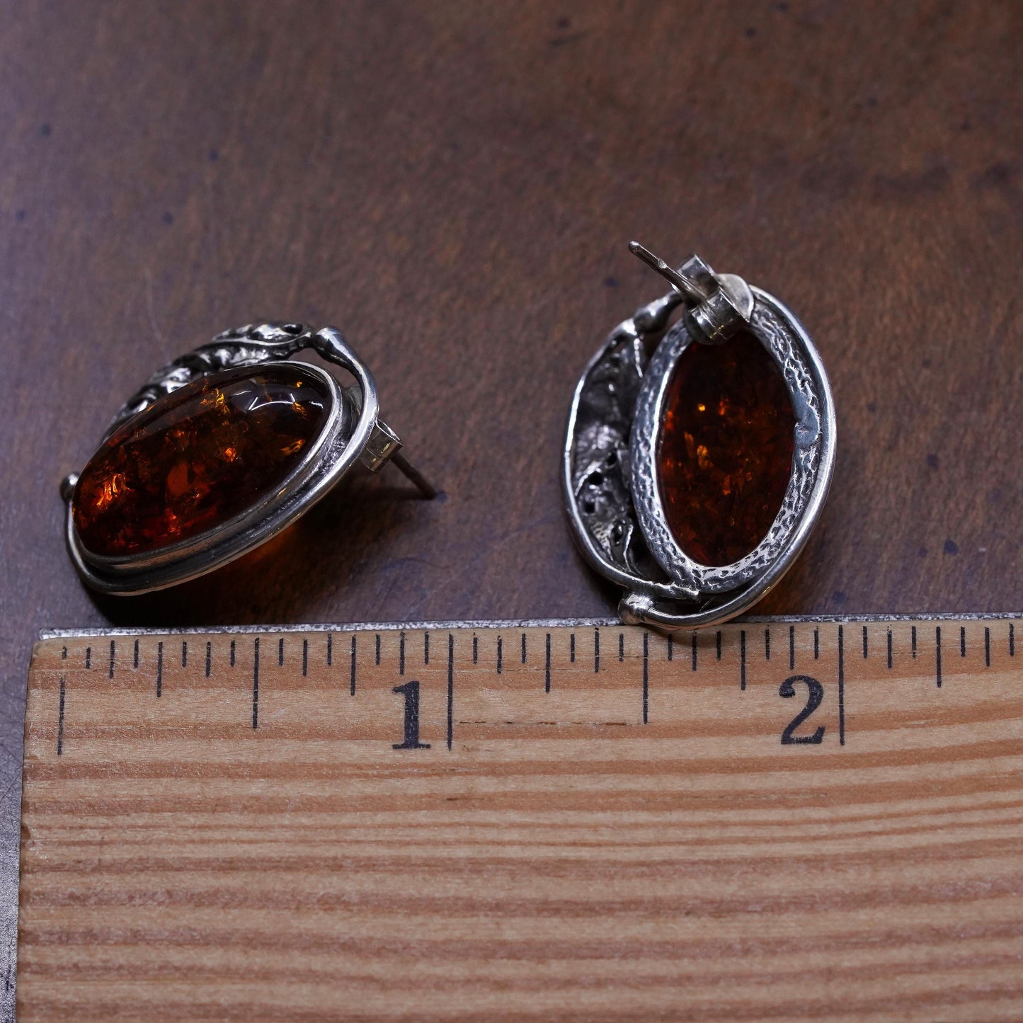 Vintage sterling silver handmade earrings, 925 oval studs with amber and leaves