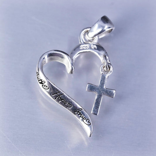 Vinatge sterling 925 silver heart pendant with cross embossed “faith hope love”