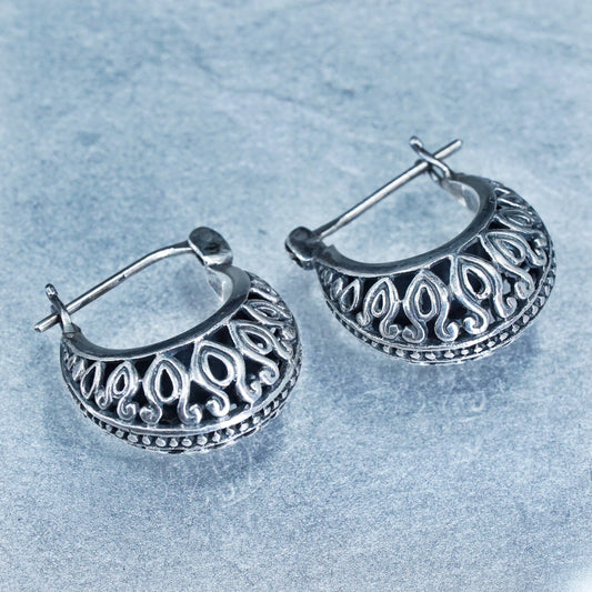 0.5”, vintage Sterling silver handmade earrings, 925 filigree huggie hoops