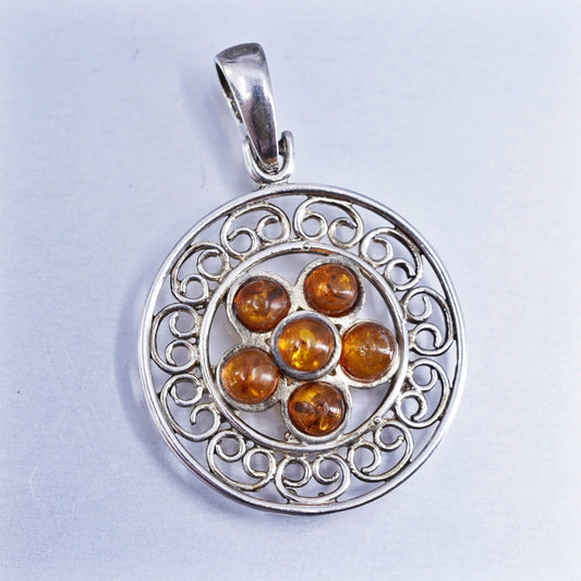 Vintage sterling 925 silver handmade filigree circle pendant with amber