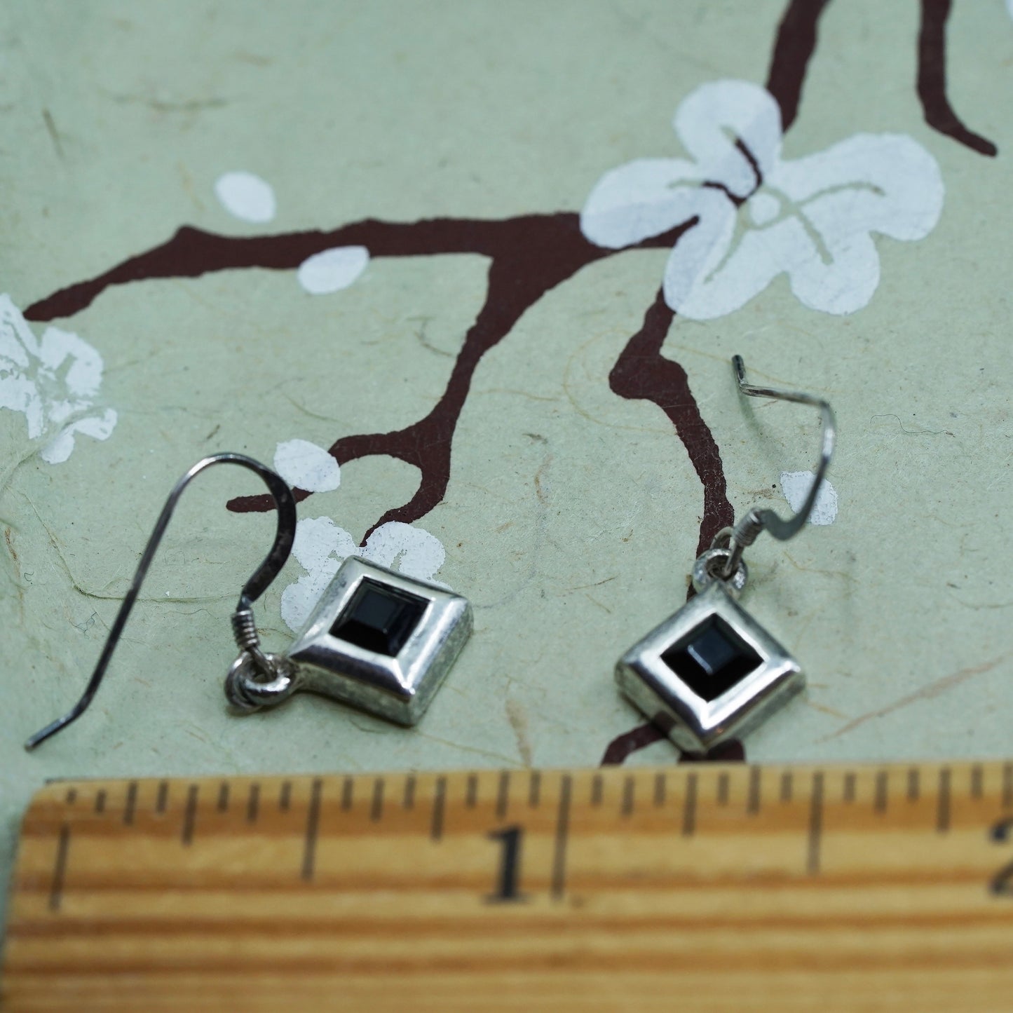 Vintage sterling 925 silver square earrings, black onyx, handmade southwestern