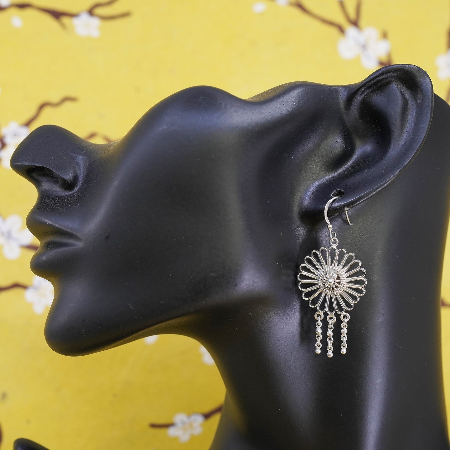 Vintage Sterling silver handmade earrings, 925 Filigree flower drops