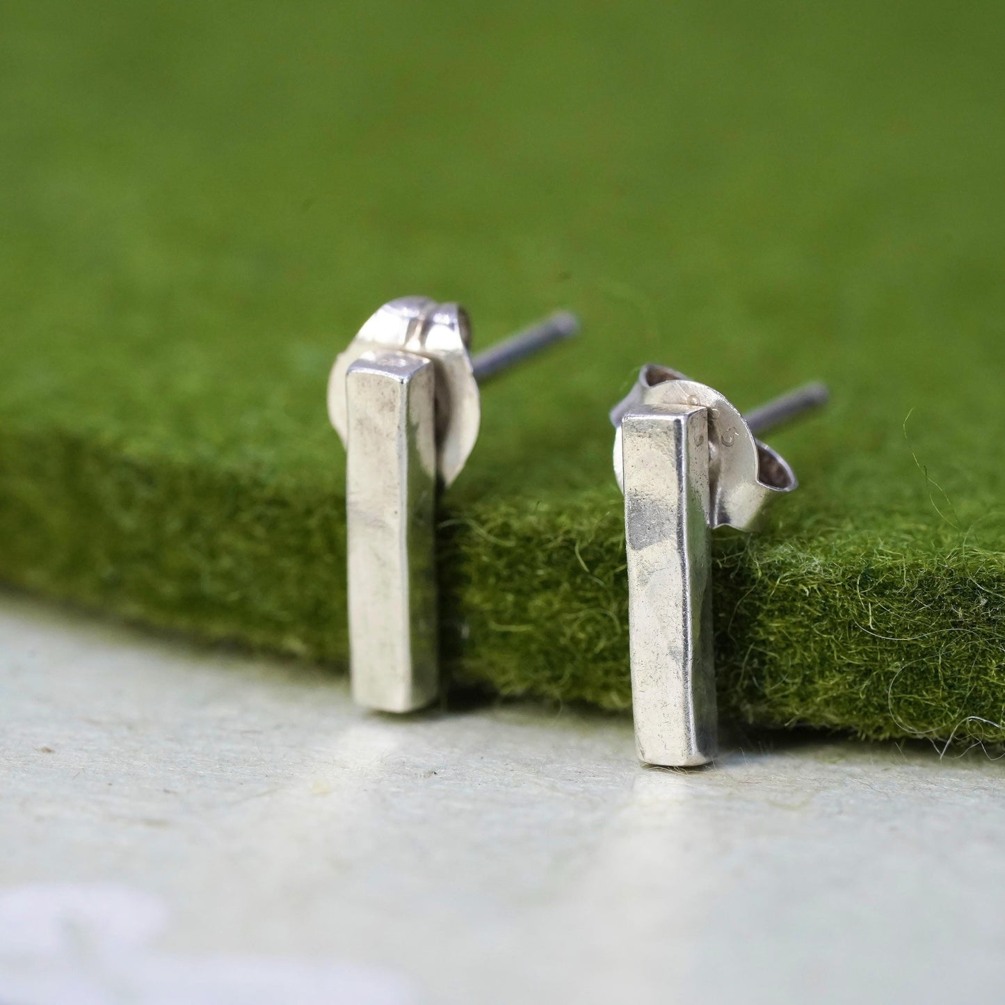 Vintage Sterling silver handmade Hammered earrings, 925 rectangular studs