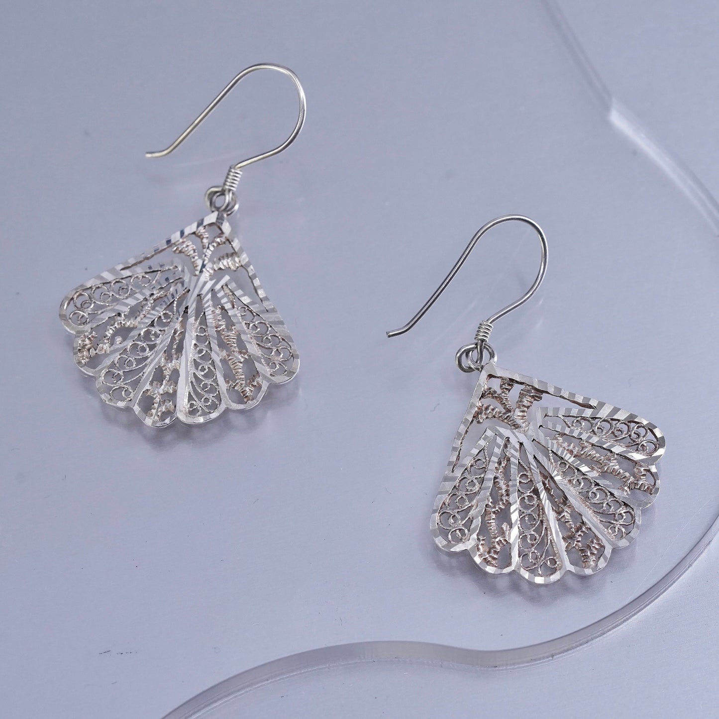 Vintage Sterling 925 silver handmade filigree fan earrings