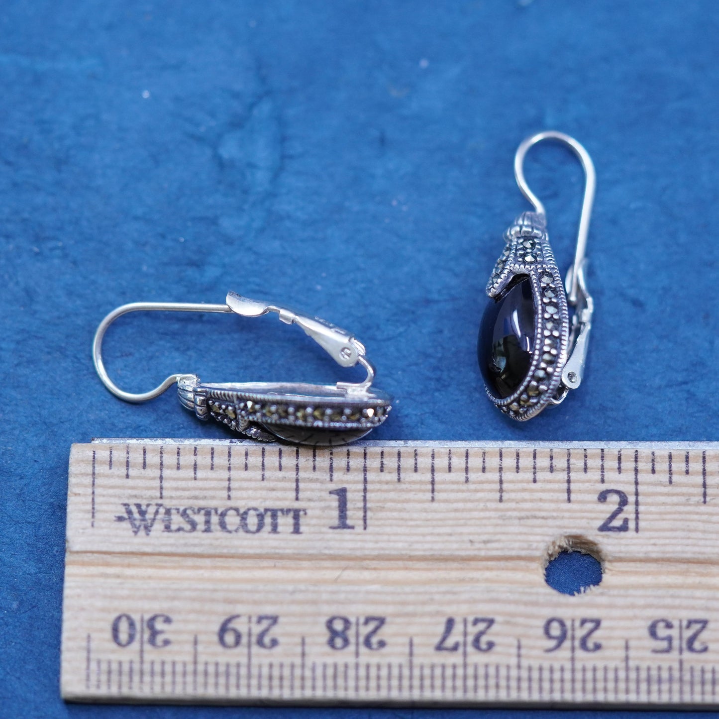 vtg sterling 925 silver handmade teardrop earrings with obsidian and marcasite