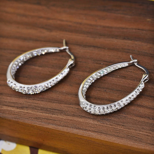 1", vintage Sterling silver handmade earrings, 925 huggie hoops with cluster cz