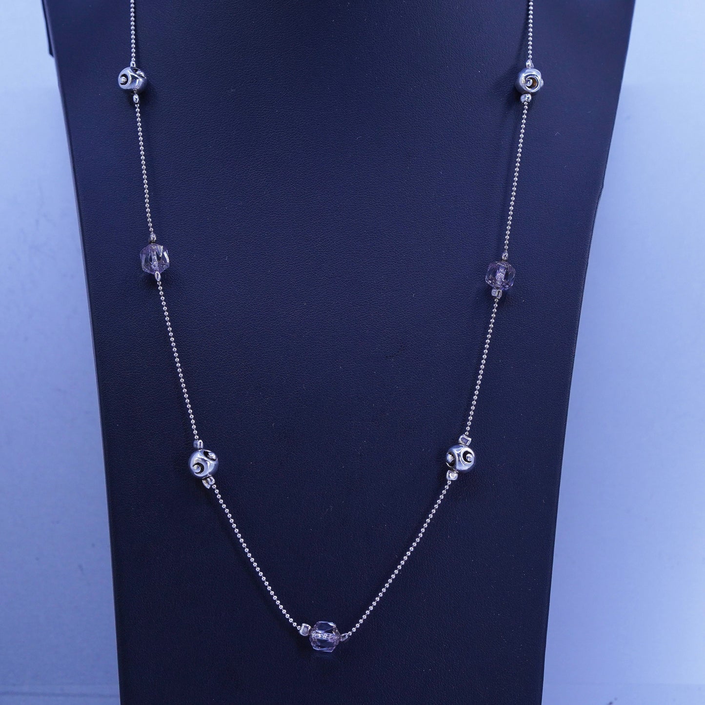 24”, vintage Sterling 925 silver handmade bead chain necklace with druzy beads