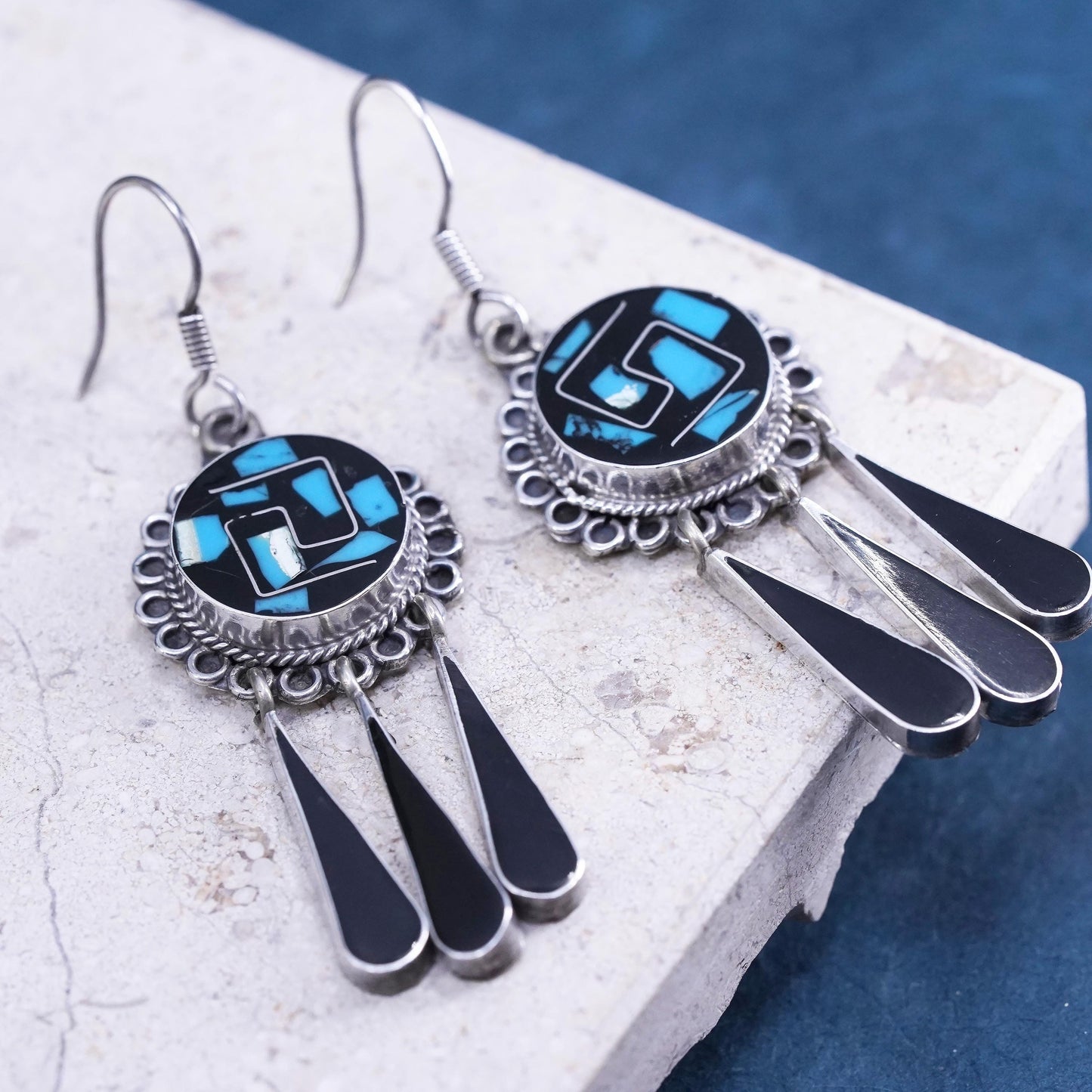 Mexican Sterling silver earrings, 925 circle with turquoise teardrop dangles