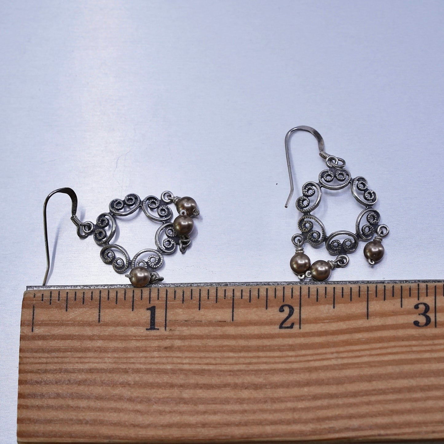 Vintage Sterling 925 silver handmade filigree earrings with pearl