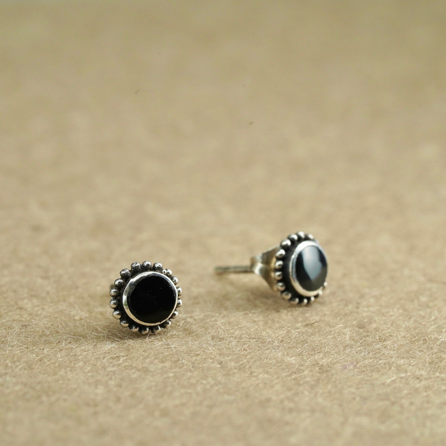 Vintage Sterling 925 silver handmade earrings, round studs with onyx