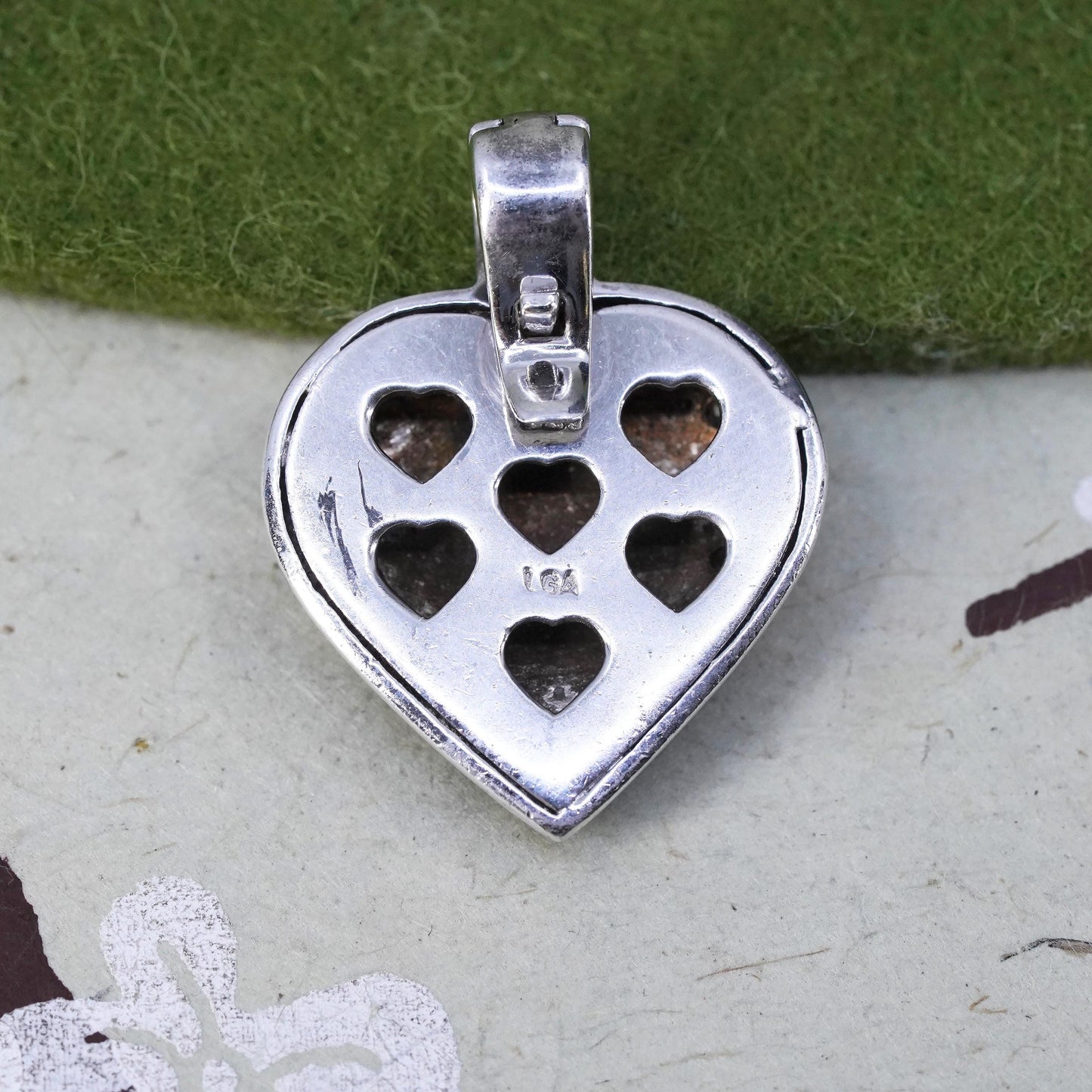 Vintage two tone sterling 925 silver heart pendant with cluster clear Cz and spinel