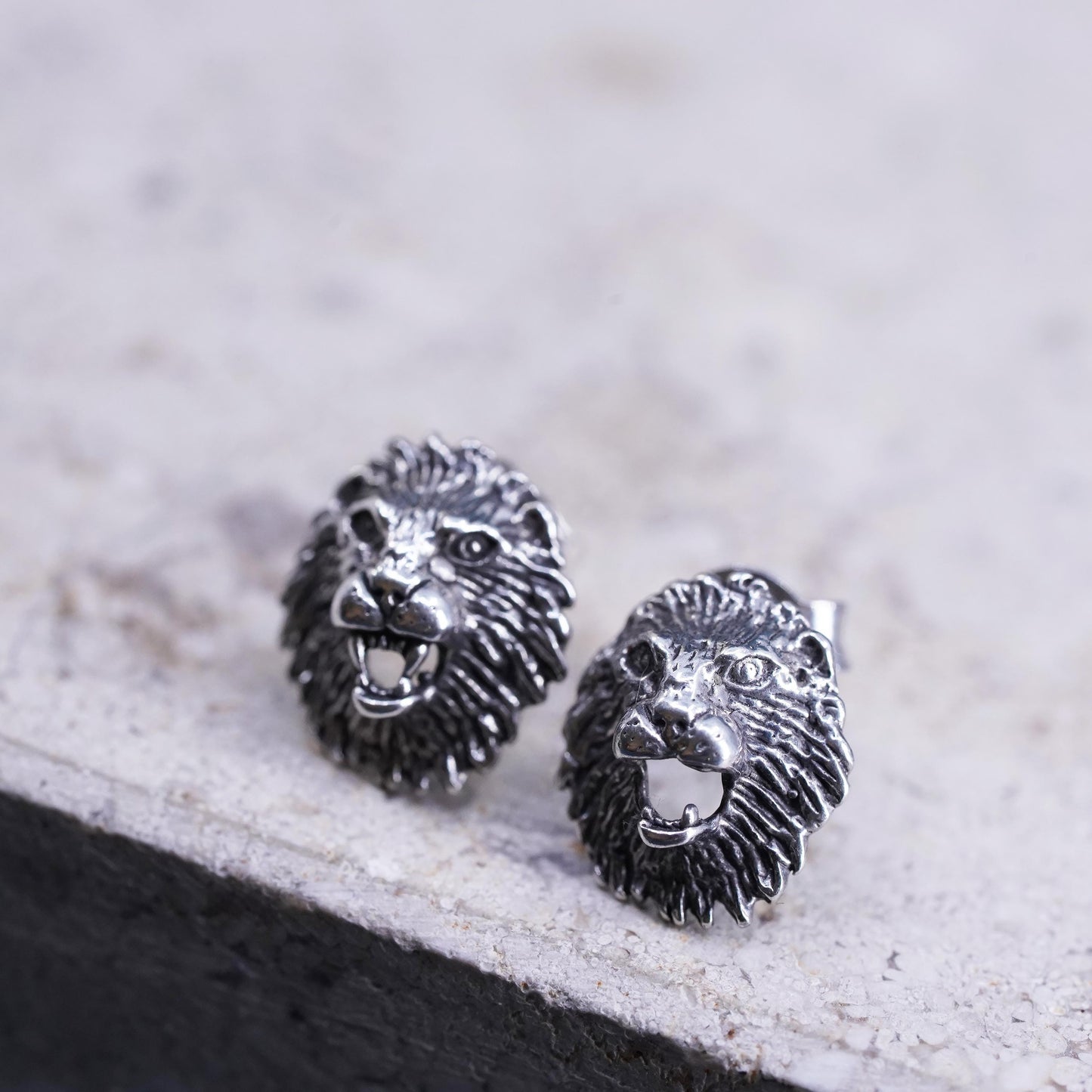 Vintage Sterling silver handmade studs, 925 silver lion cat kitty earrings