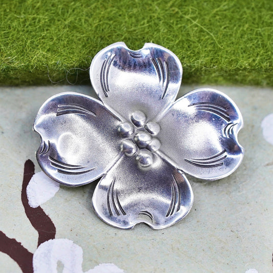 Vintage sterling silver dogwood flower shaped brooch, fine 925 silver brooch