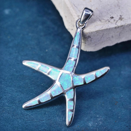 vintage sterling 925 silver handmade star starfish pendant with opal inlay