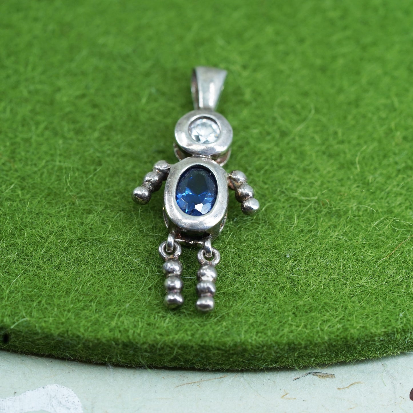 Vintage sterling 925 silver birthstone pendant boy figure charm with sapphire