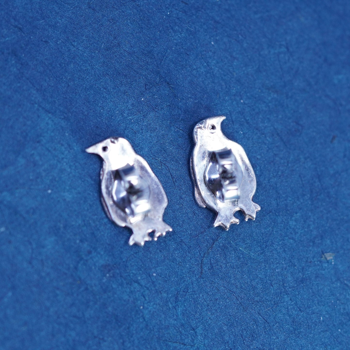 Sterling silver handmade textured penguin bird earrings, modern 925 studs