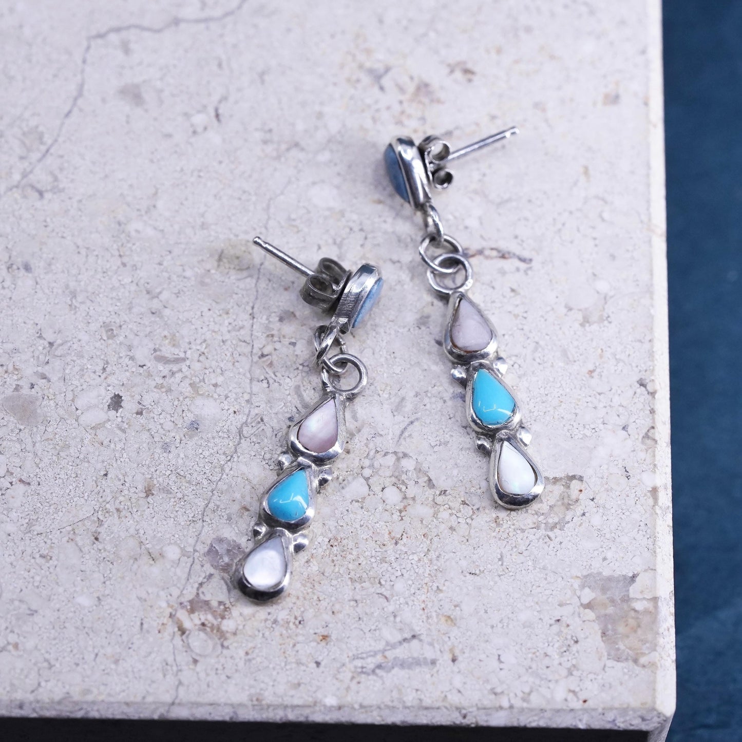 Native American Navajo sterling 925 silver teardrop earrings turquoise MOP