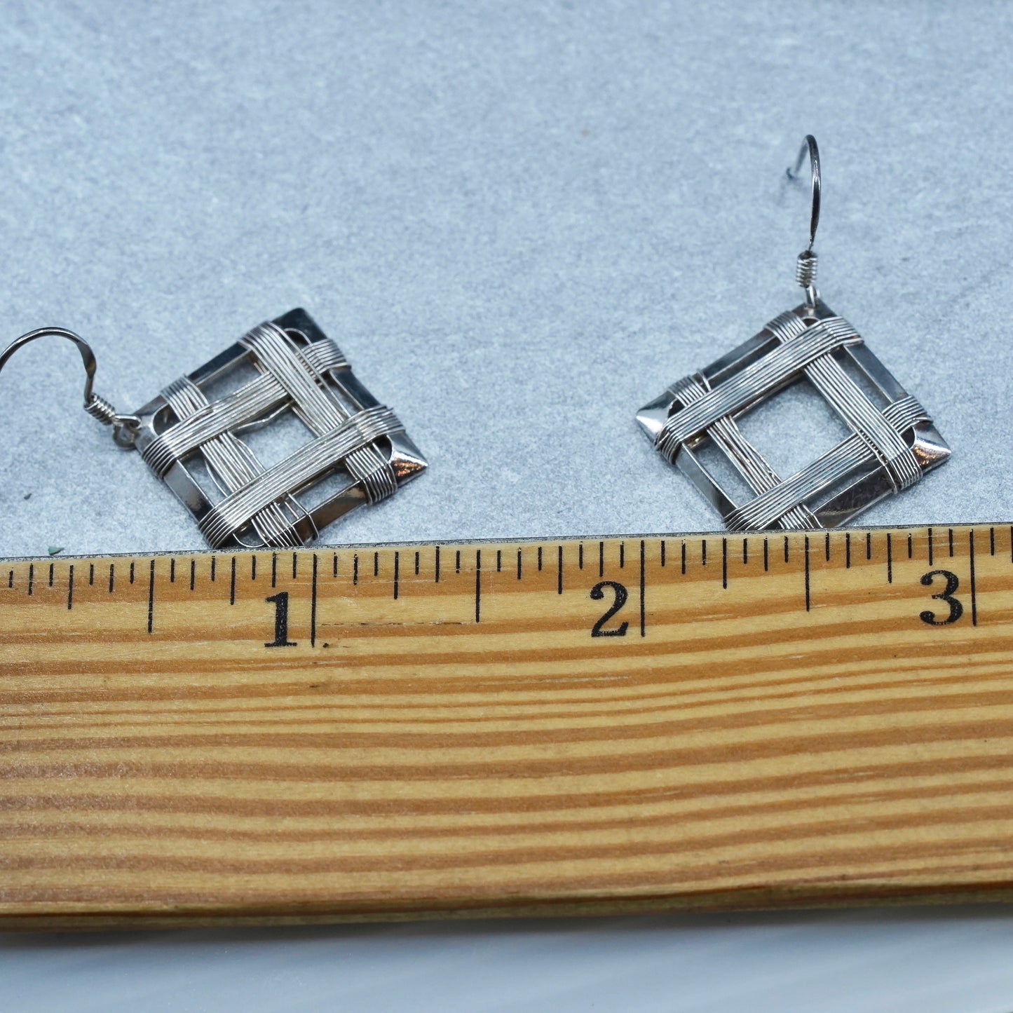 vintage Sterling silver handmade earrings, wired 925 square dangled