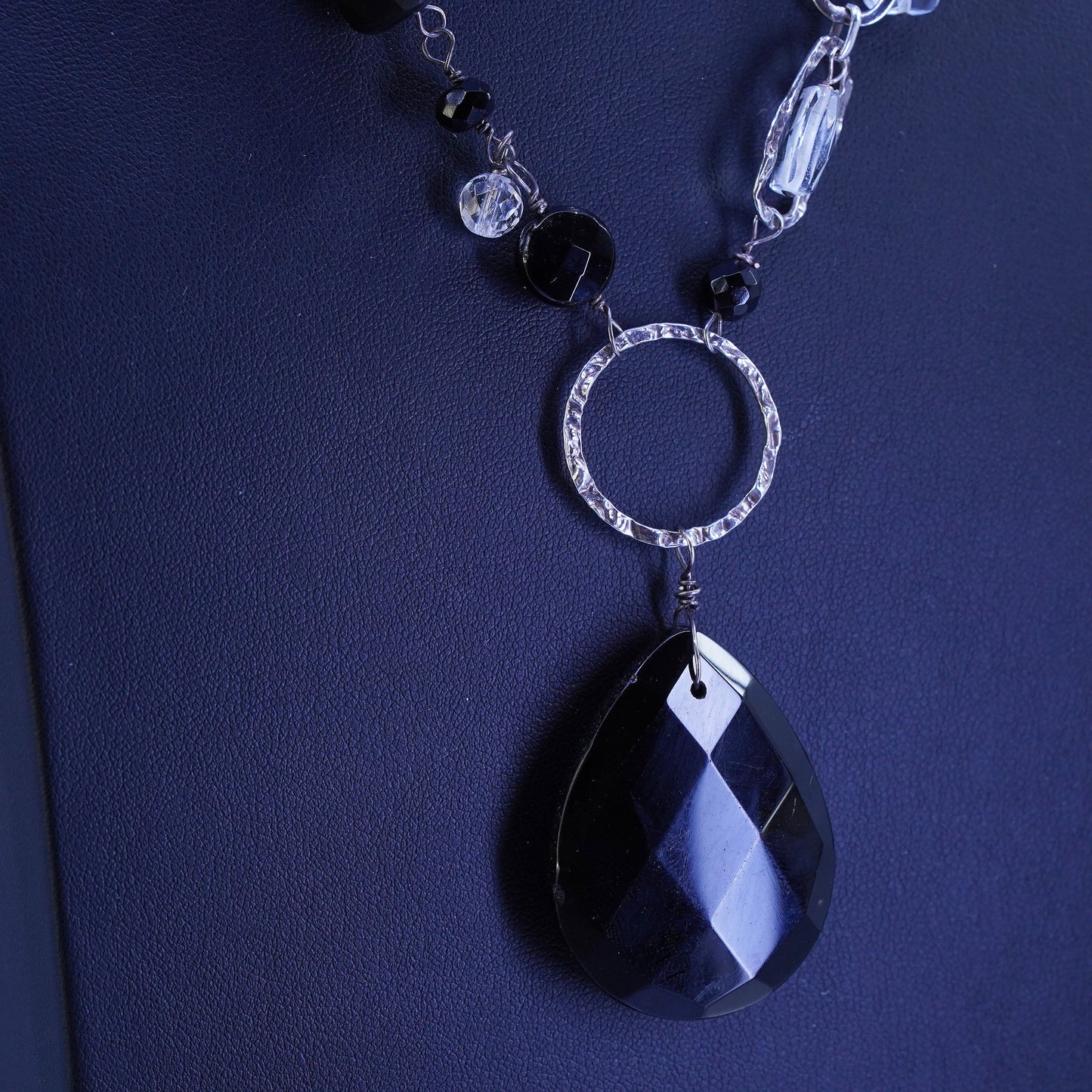 16”, Sterling 925 silver crystal obsidian beads necklace teardrop pendant