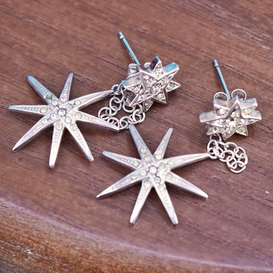 Vintage Sterling Silver handmade Earrings. 925 star dangles with cz