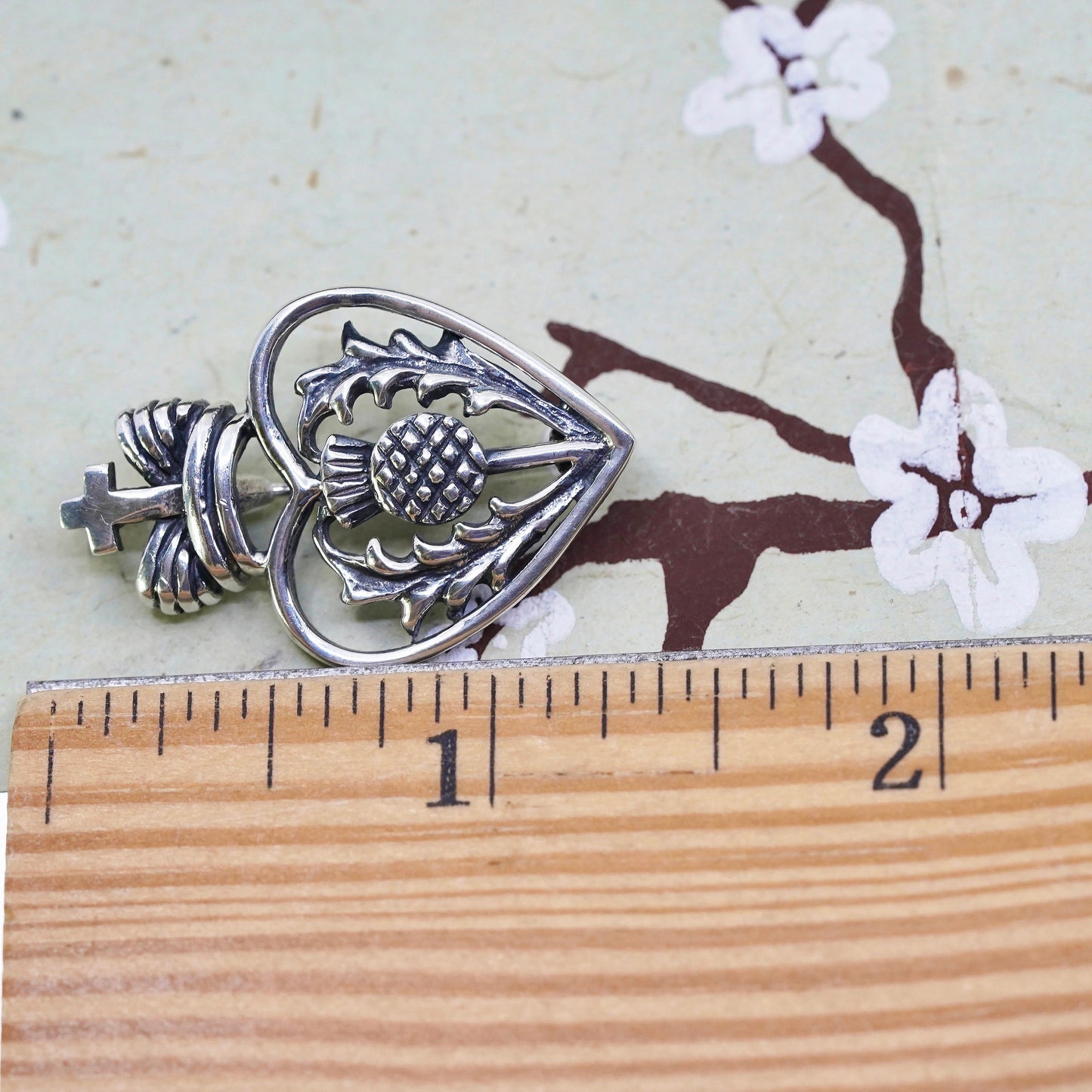 VTG sterling silver handmade flower brooch, dandelion royal heart crown pendant