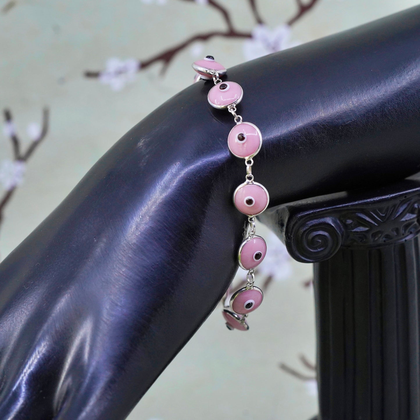 6.75”, vintage handmade sterling silver bracelet, pink glass evil eye beads