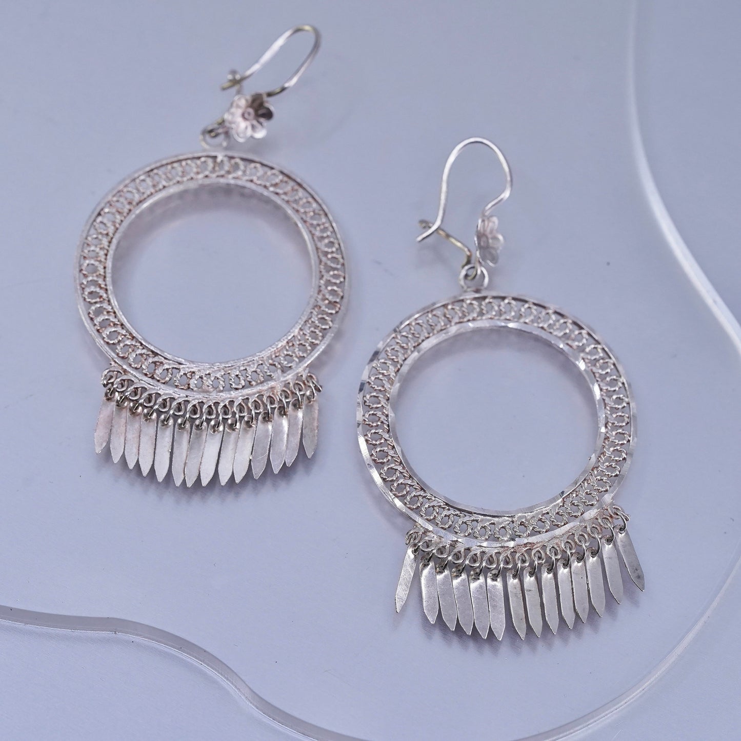 Vintage Sterling 925 silver filigree circle earrings with fringe dangles