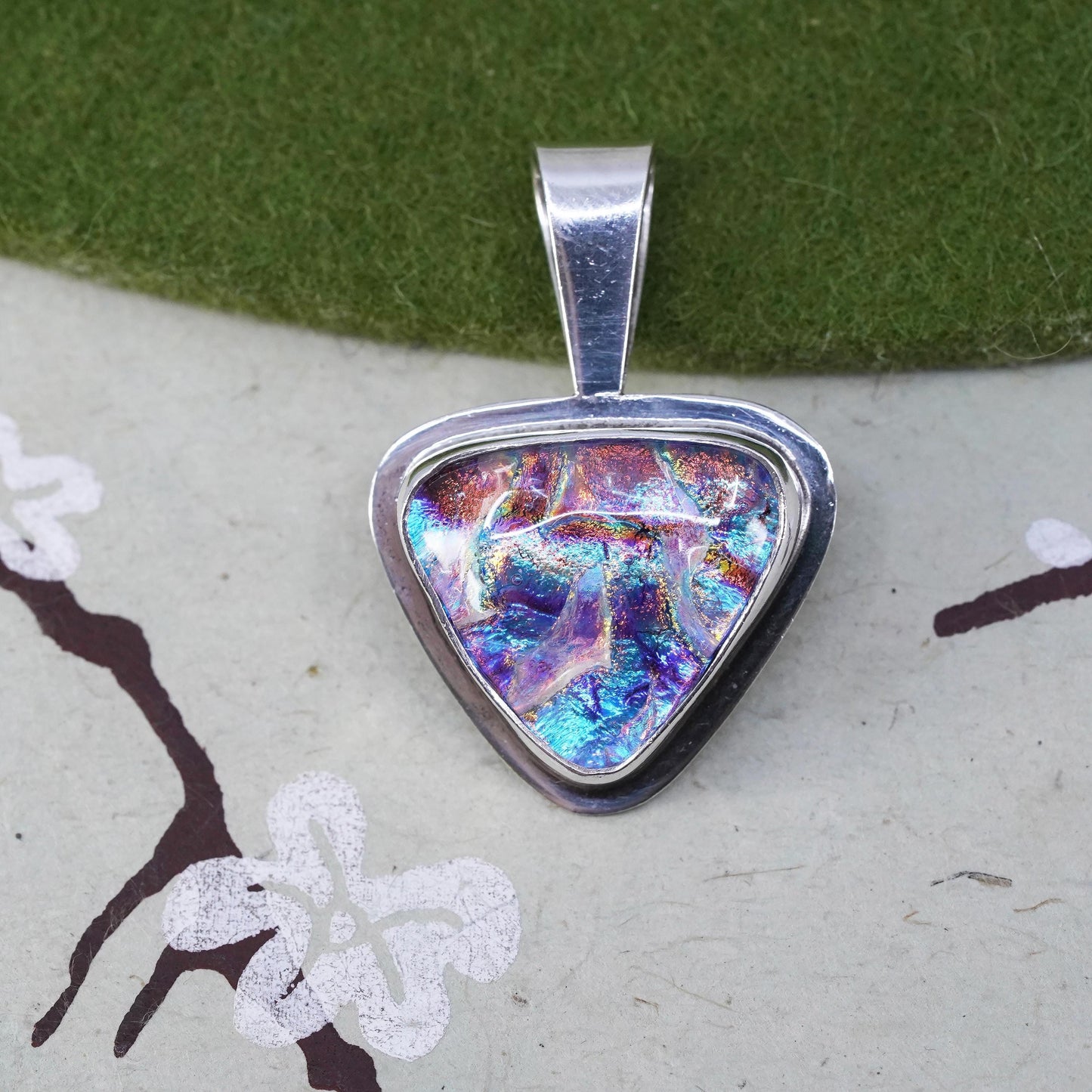 Vintage sterling silver with handmade triangular dichroic foiled glass pendant