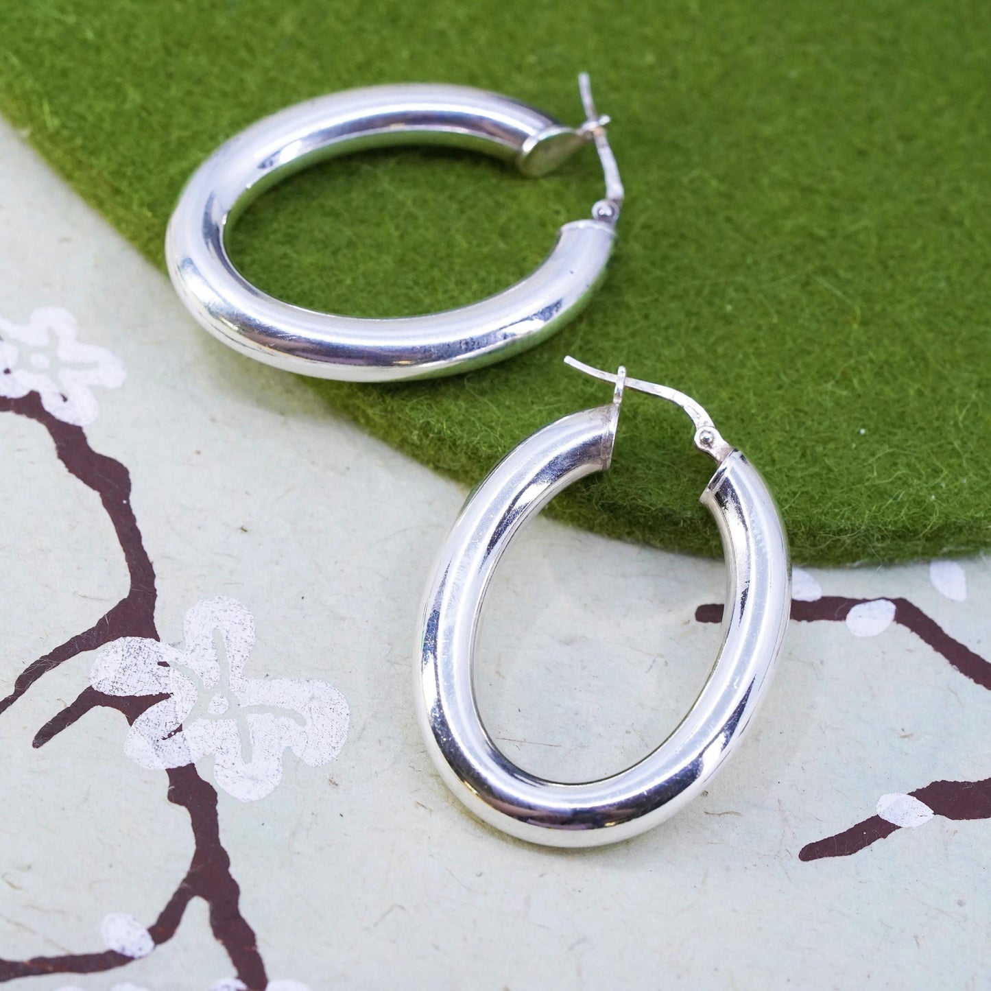 1.5" Vintage sterling silver bold oval earrings, fashion minimalist wide hoops