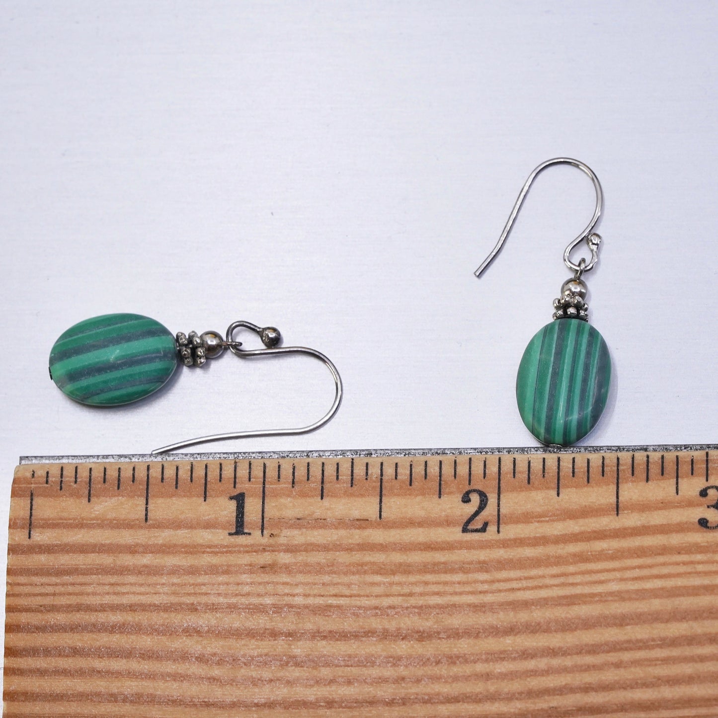 Vintage Sterling 925 silver handmade earrings with oval malachite