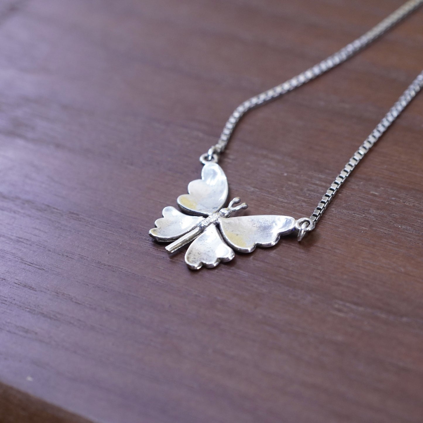 16”, sterling silver handmade necklace, 925 box chain with enamel butterfly