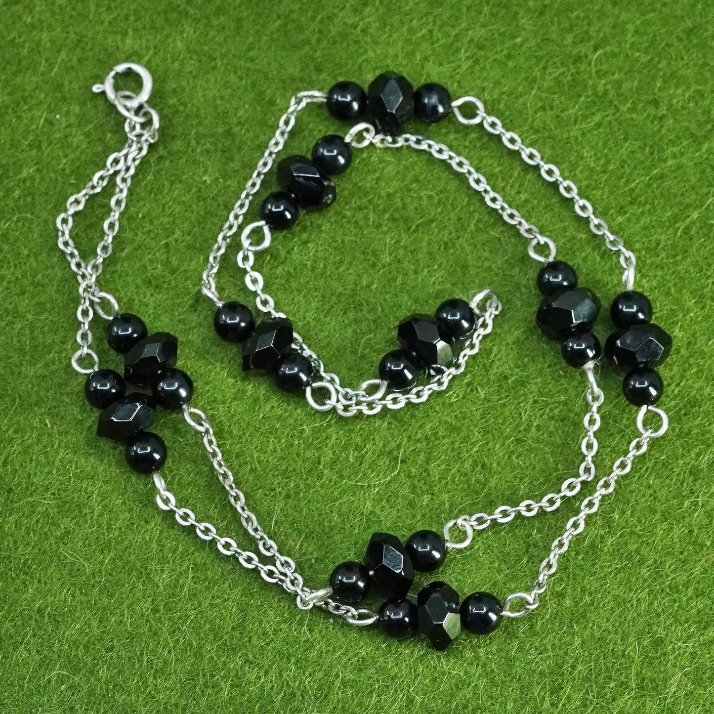 17”, vintage sterling silver 925 handmade necklace with obsidian beads