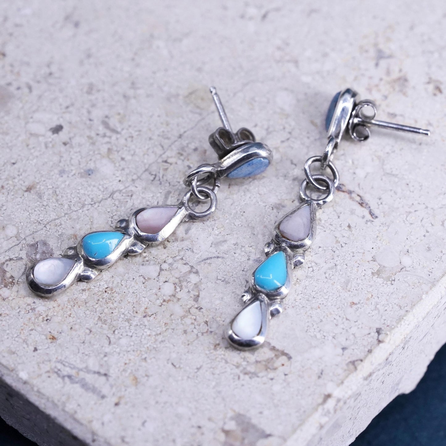 Native American Navajo sterling 925 silver teardrop earrings turquoise MOP