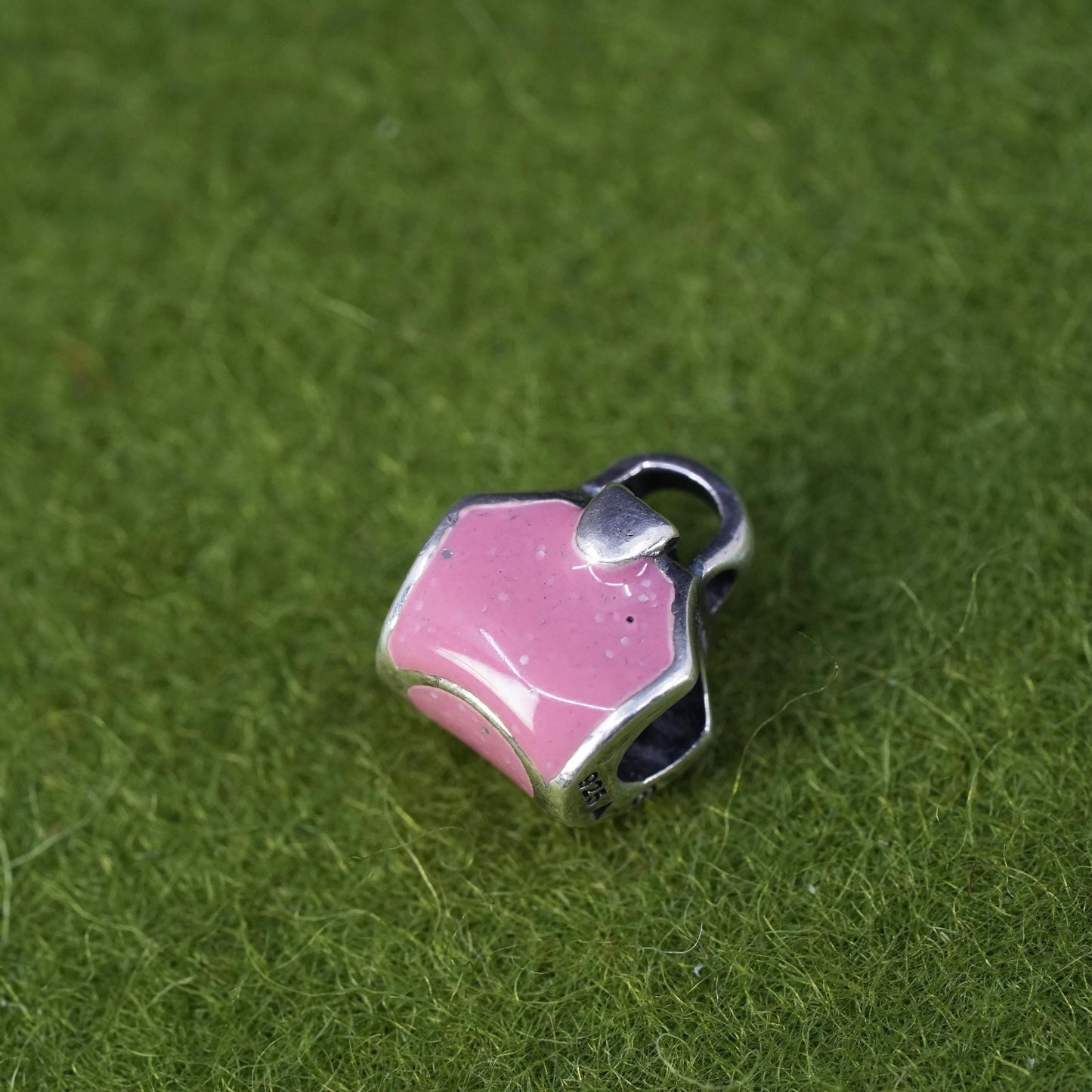 Vintage Sterling silver charm, 925 handbag pendant with pink enamel