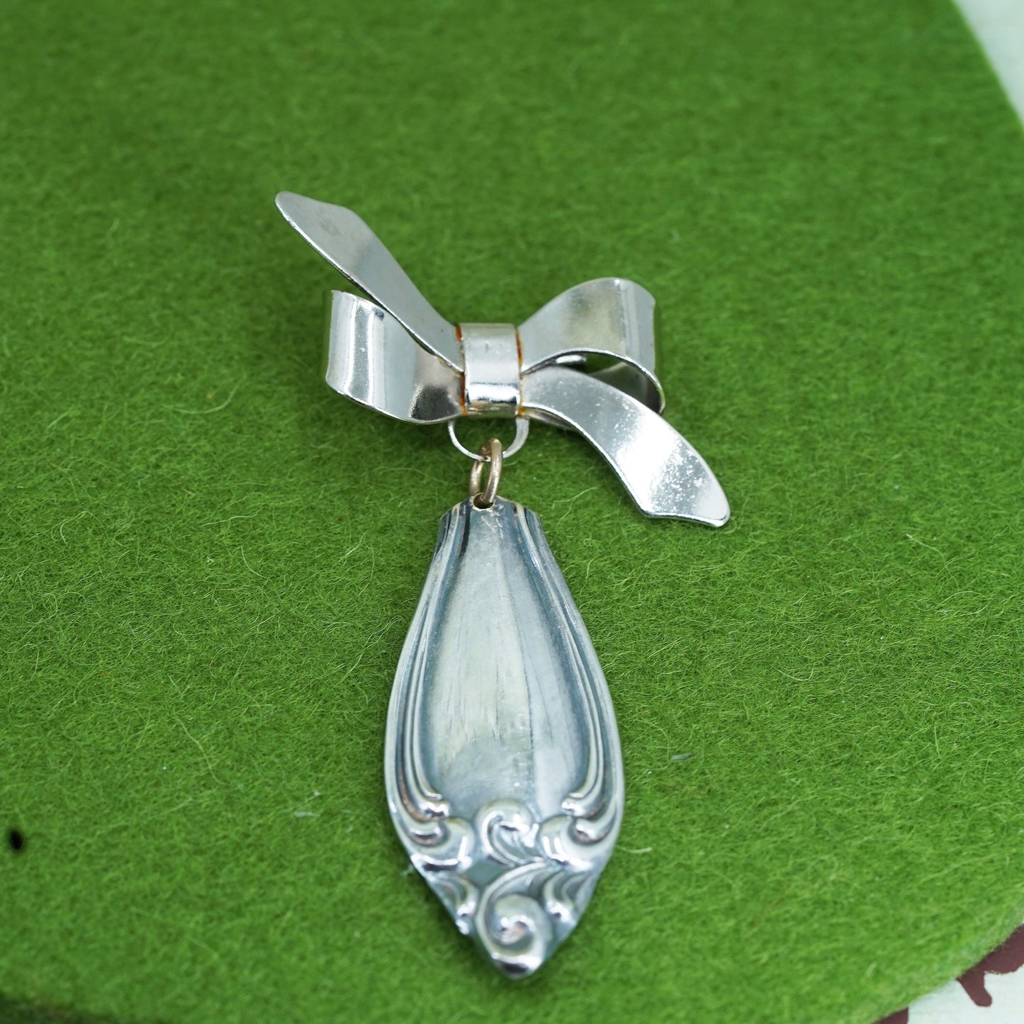 Vintage antique silver tone brooch, spoon pin with ribbon