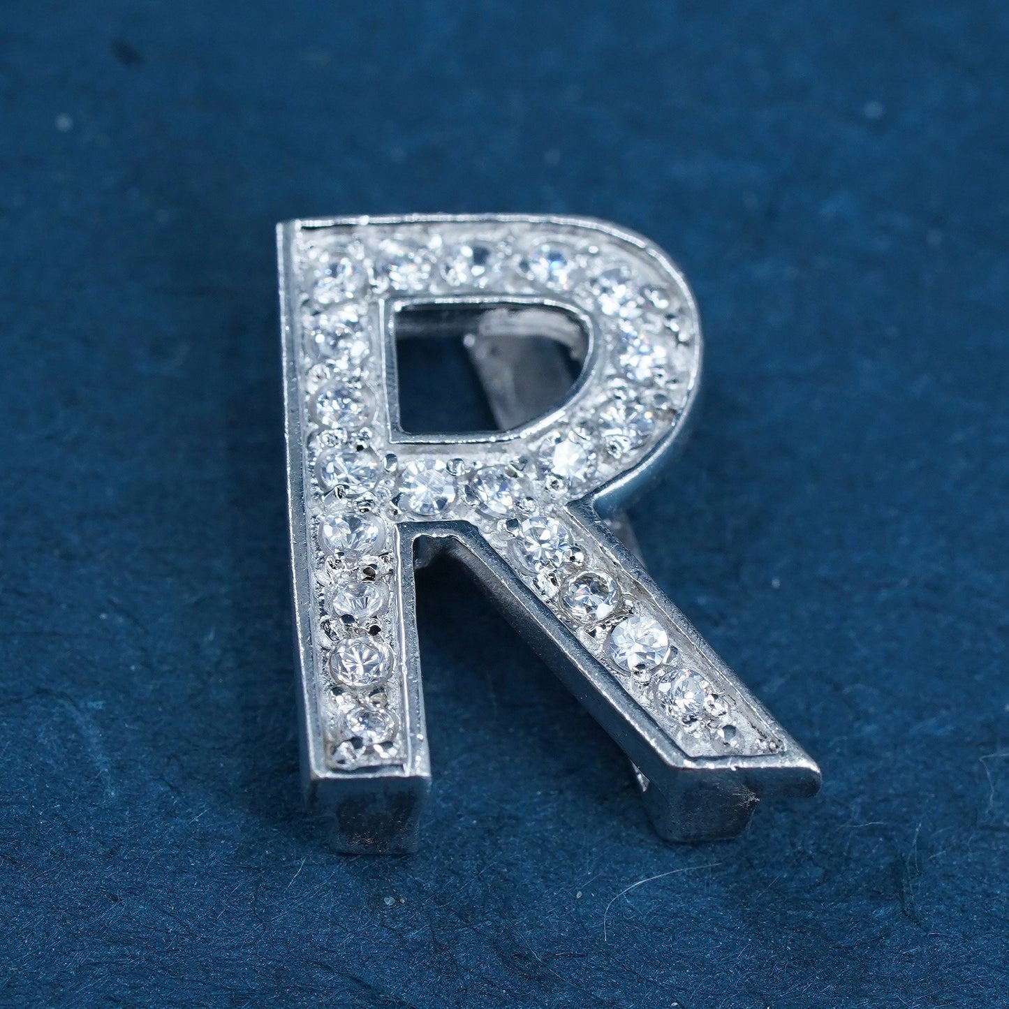 Vintage sterling silver pendant, 925 initial charm letter "R" with cluster Cz