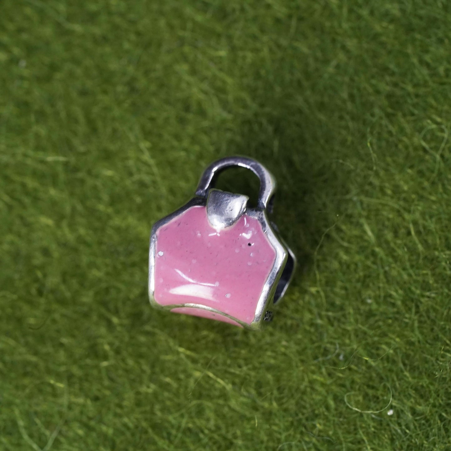 Vintage Sterling silver charm, 925 handbag pendant with pink enamel