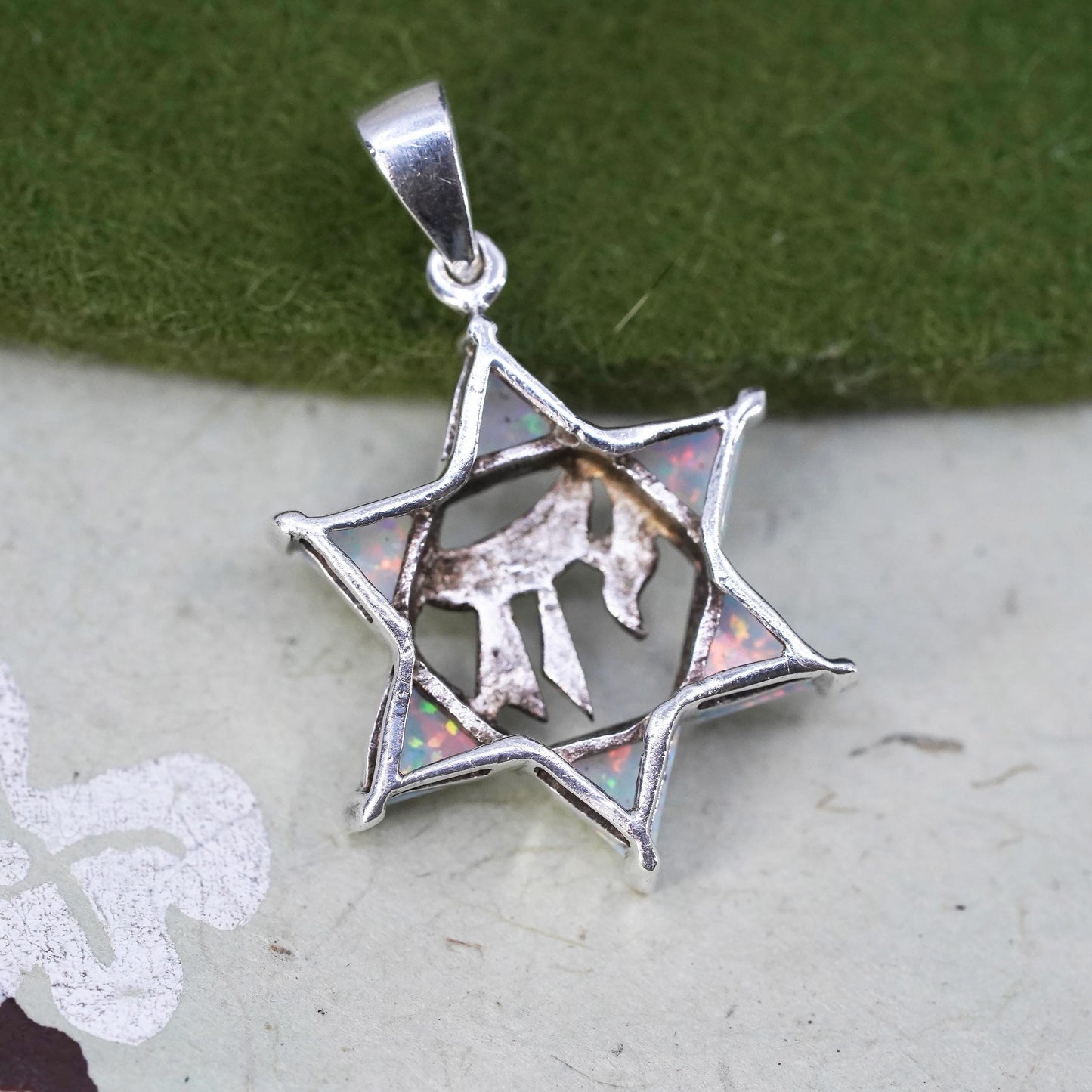 Vintage sterling silver 925 handmade Hebrew hexagram pendant with opal inlay