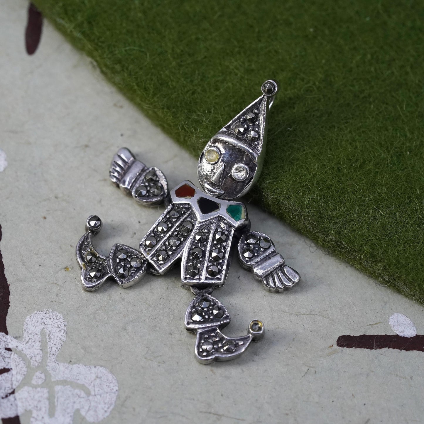 sterling silver handmade pendant, 925 clown charm movable joints marcasite