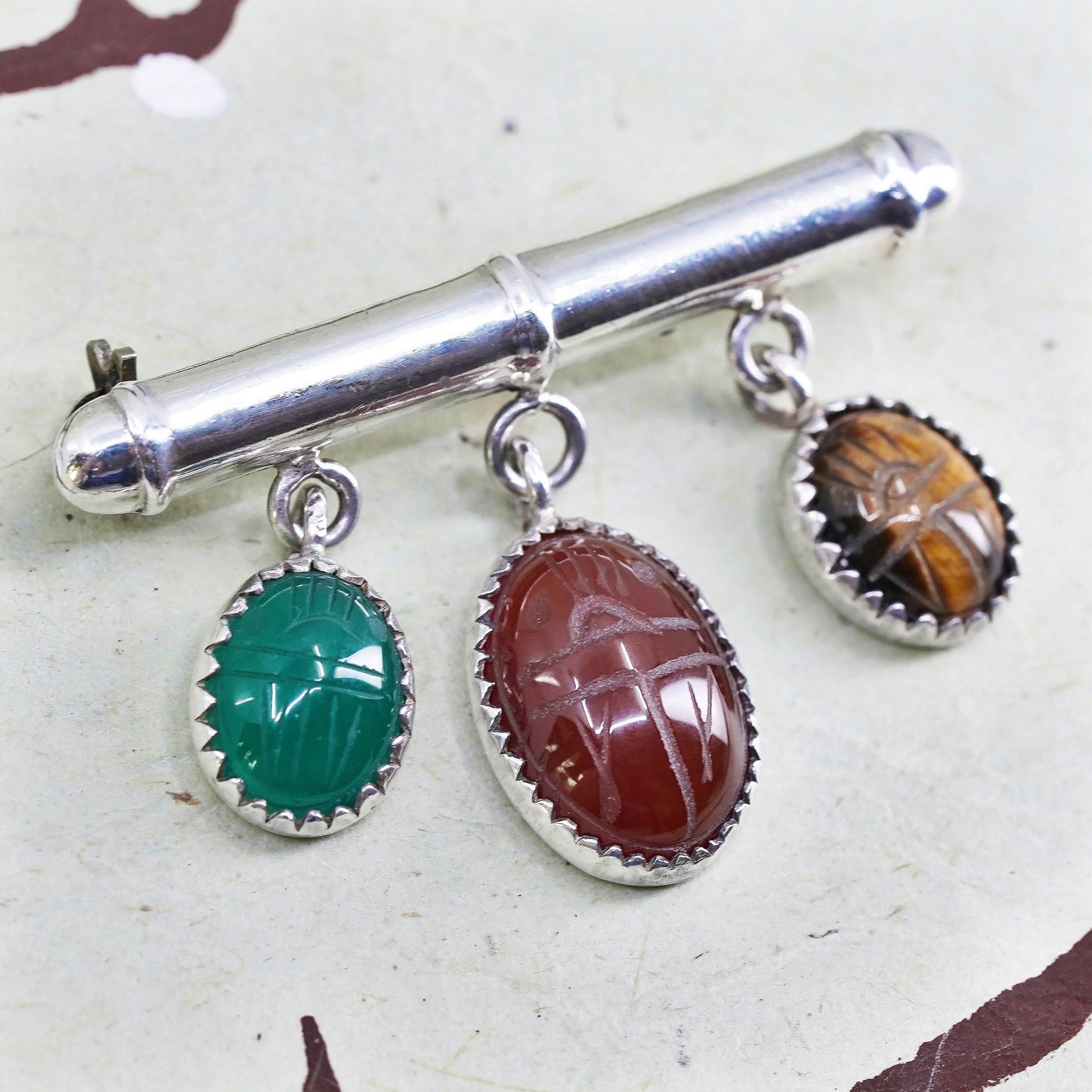 sterling silver brooch, 925 ribbon with carnelian jade golden tiger eye charm