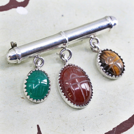 sterling silver brooch, 925 ribbon with carnelian jade golden tiger eye charm