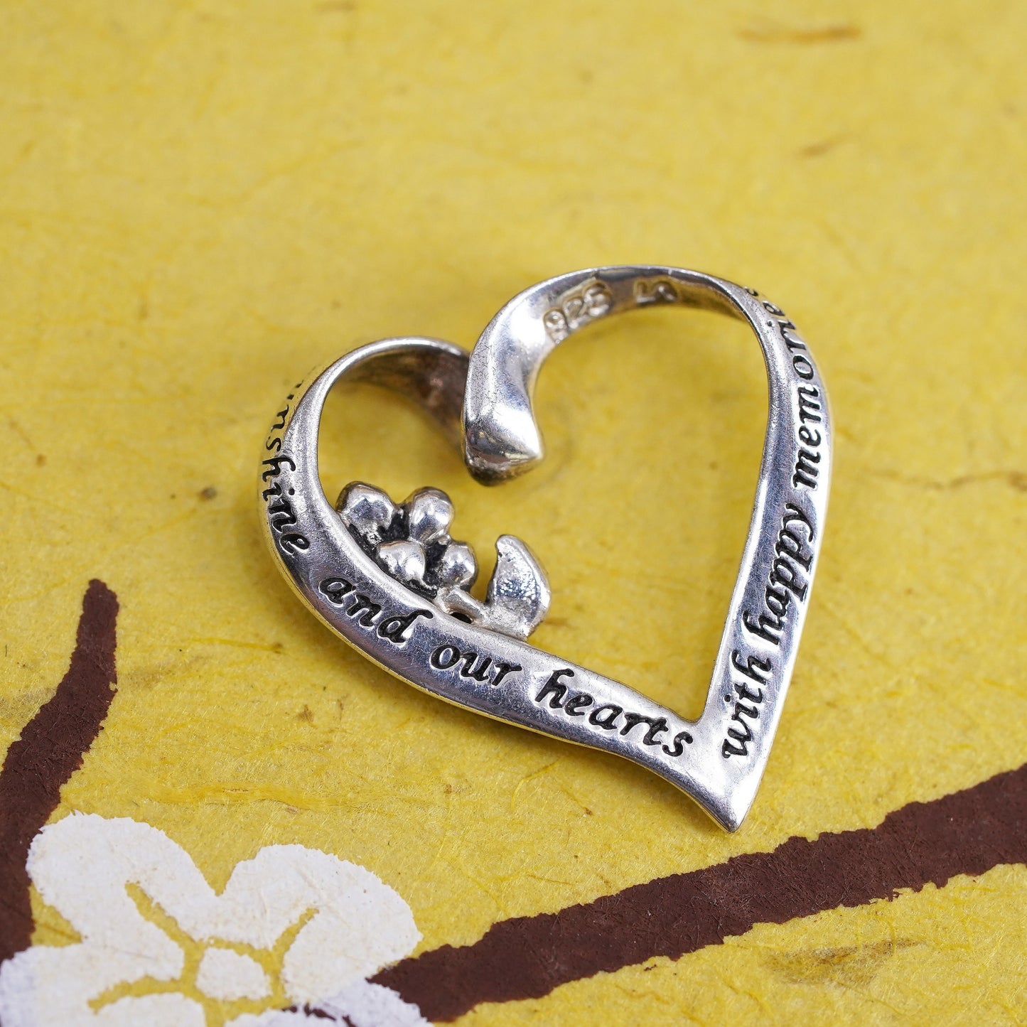 Sterling silver quote pendant, 925 heart daughter filled our days sunshine