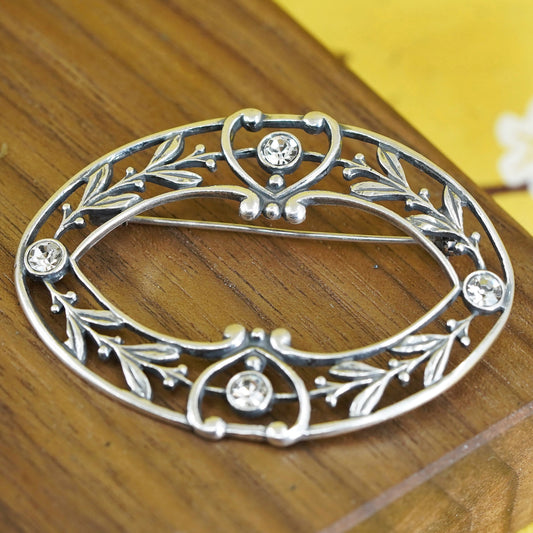 Vintage handmade sterling 925 silver leaves wreath brooch with cz