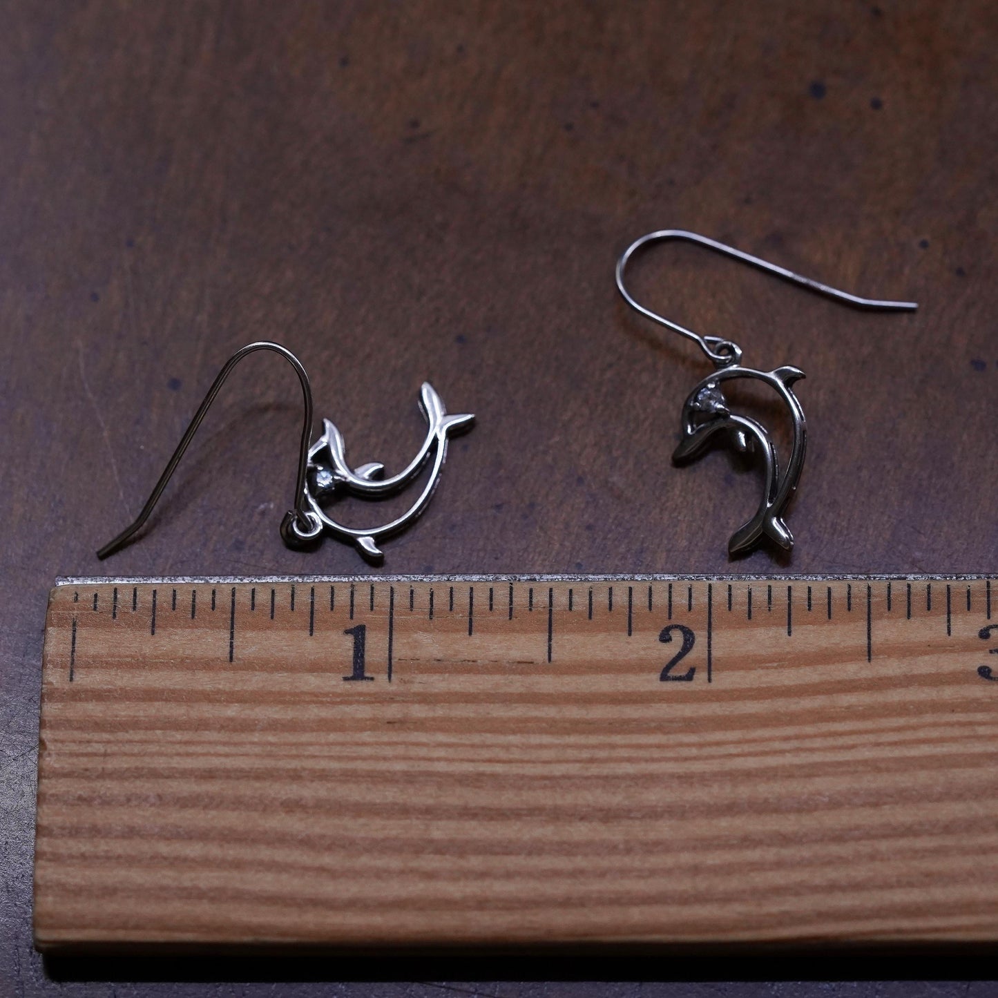 Vintage sterling silver dolphin earrings, 925 silver dolphin with cz