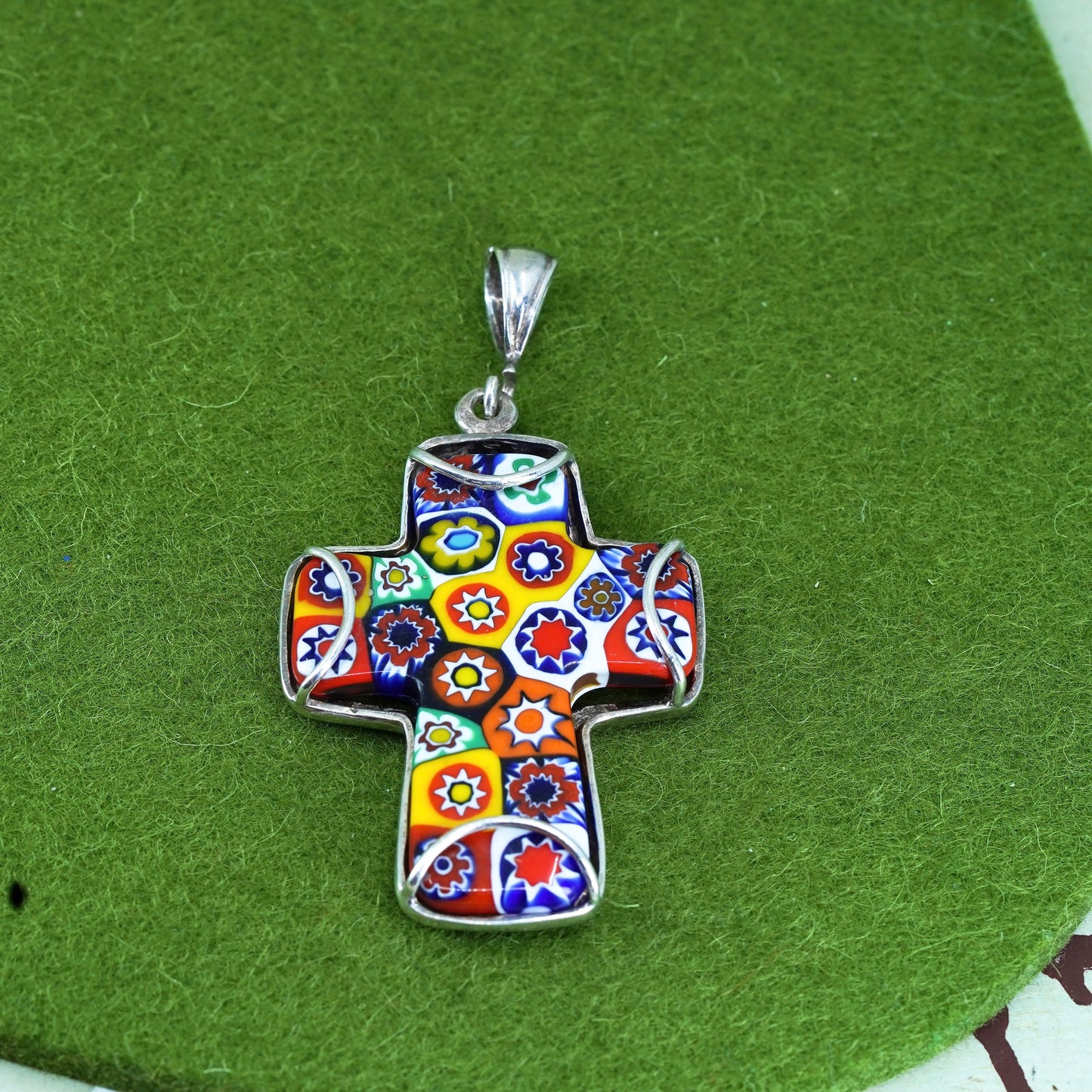 sterling 925 silver cross pendant with multi colored authentic murano glass