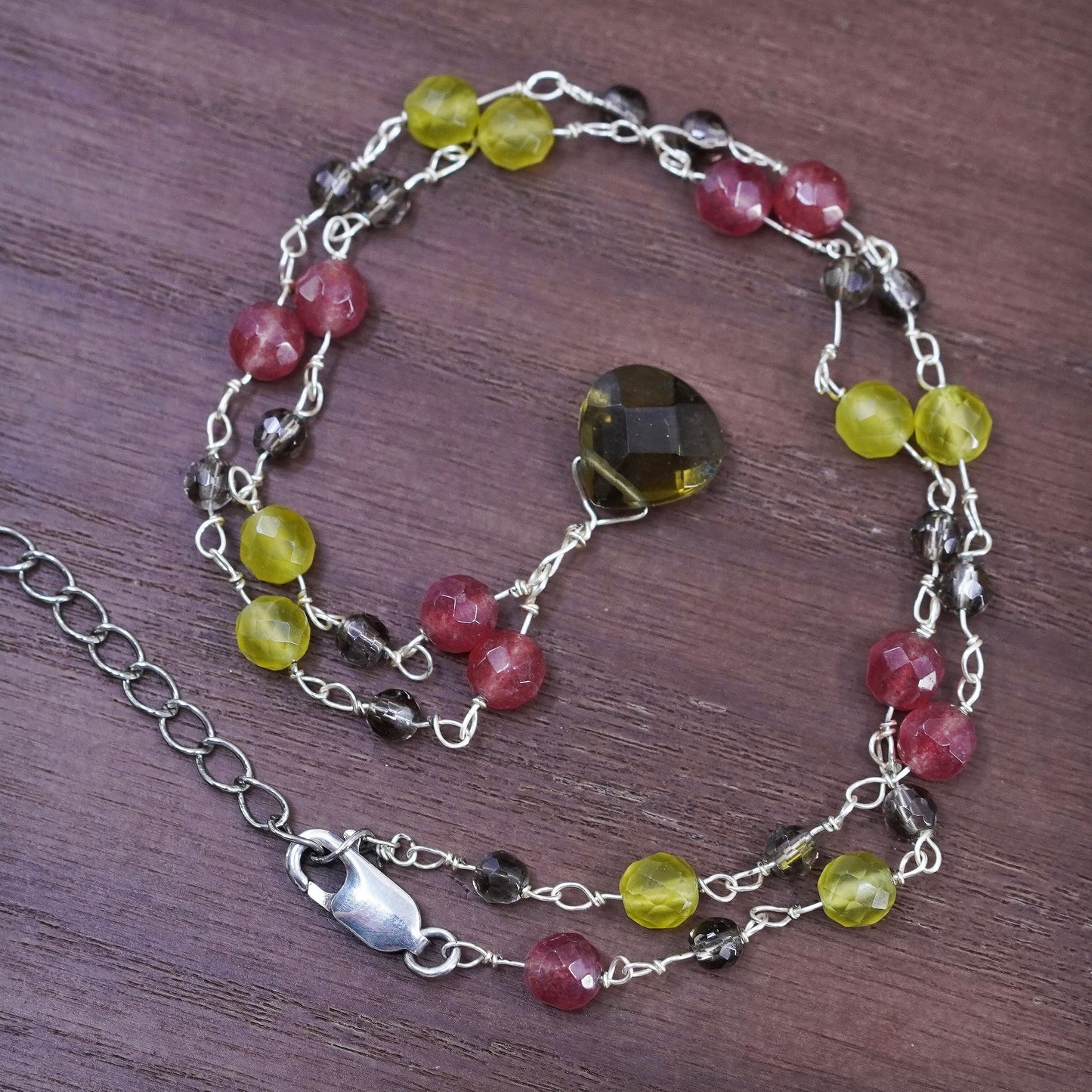 18”, sterling silver necklace, 925 chain with peridot ruby smoky quartz pendant