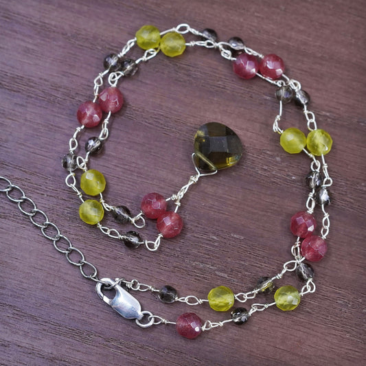 18”, sterling silver necklace, 925 chain with peridot ruby smoky quartz pendant